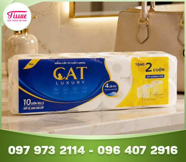 Giấy vệ sinh lõi Cat Luxury 4 lớp, 10 cuộn KM 2 cuộn